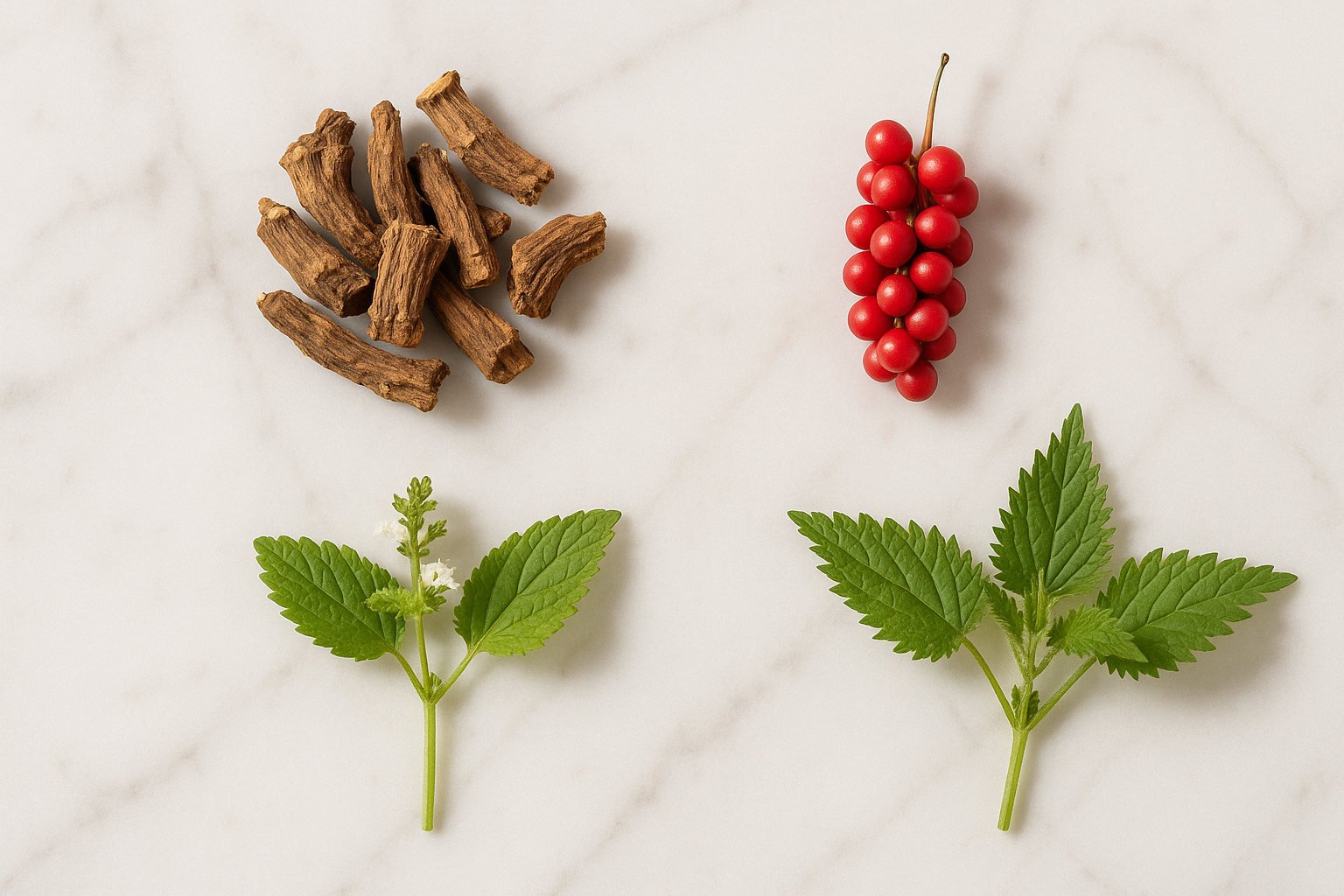 closeup photo of eleuthero root, schisandra berries, a lemon balm sprig with flowers, and a nettle sprig laid out on a well lit marble flat lay