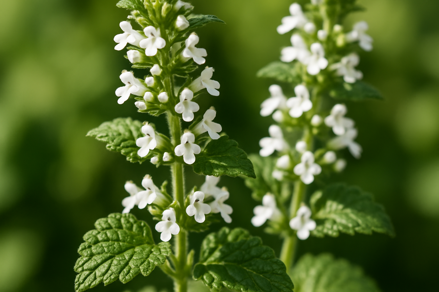 closeup photo of flowering lemon balm plant in bright daylight