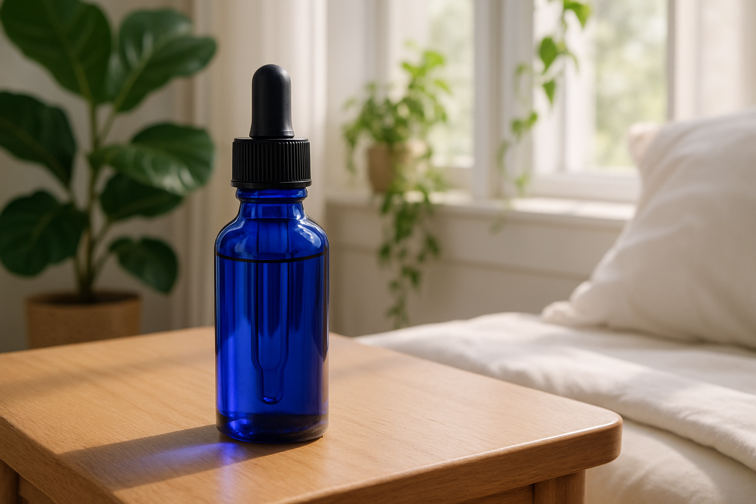 photo of a cobalt blue glass tincture bottle by a bedside in a well lit bedroom with plant in bg