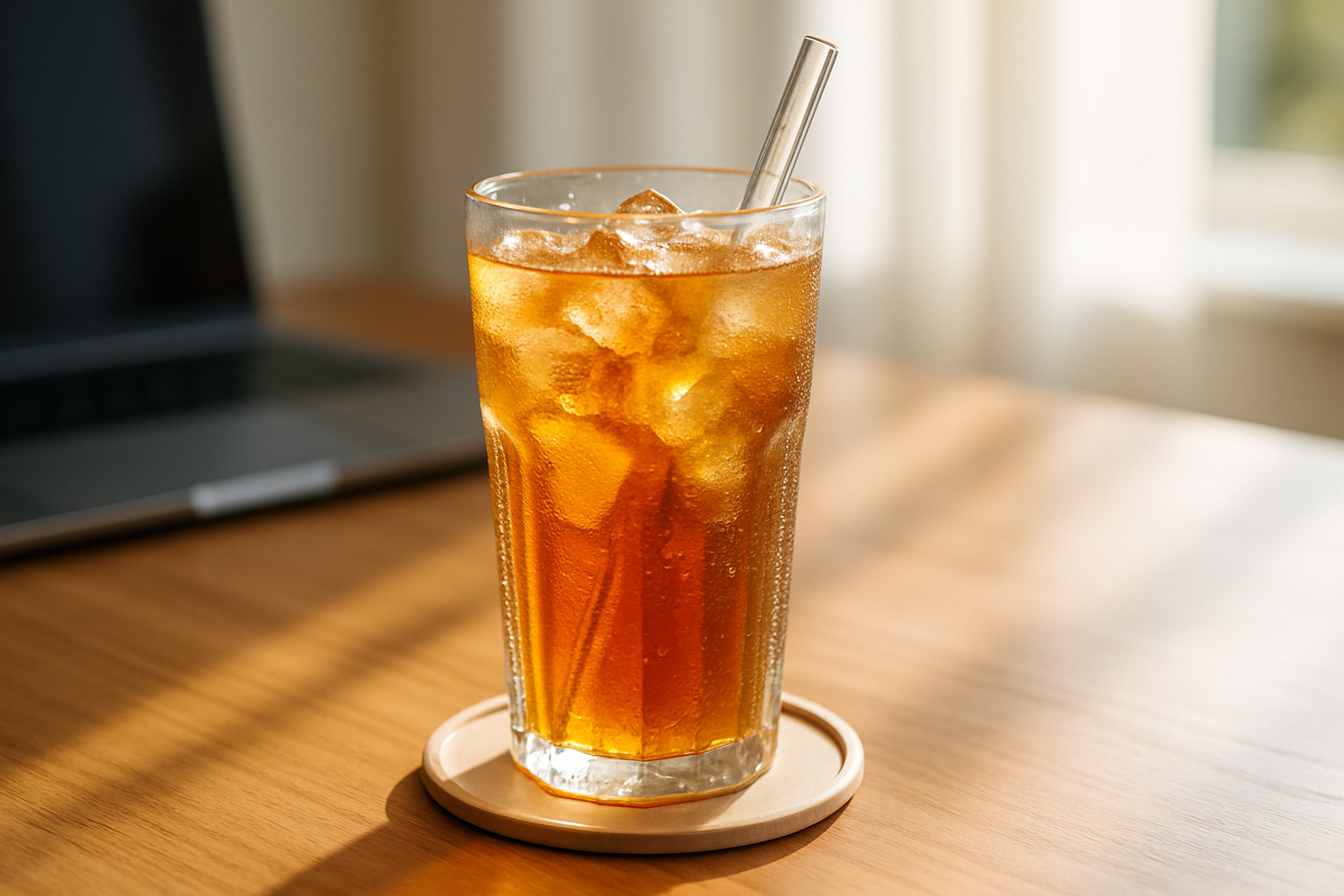 photo of a glass of iced herbal tea looking very refreshing with beadlets of condensation and a glass straw, on a coaster on a well lit desk