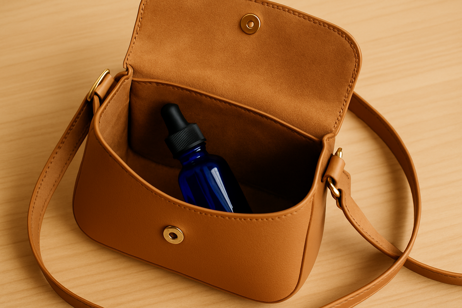 well lit, closeup photo of an open purse on a desk seen from above with a cobalt blue tincture bottle inside it 