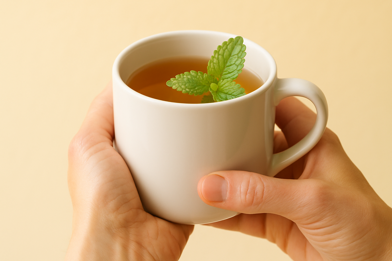 well lit closeup photo of hands holding a white mug of herbal tea with a sprig of lemon balm peeking out the top, light yellow bg