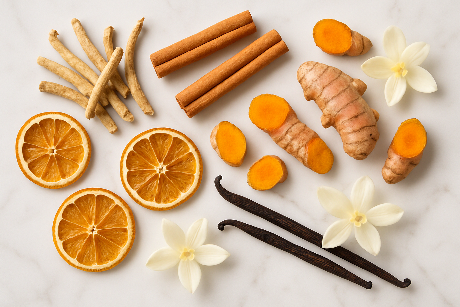 well lit photo of ashwagandha root, cinnamon sticks, turmeric root, orange slices, and vanilla pod and flowers in a flat lay, like they are naturally strewn across a marble surface
